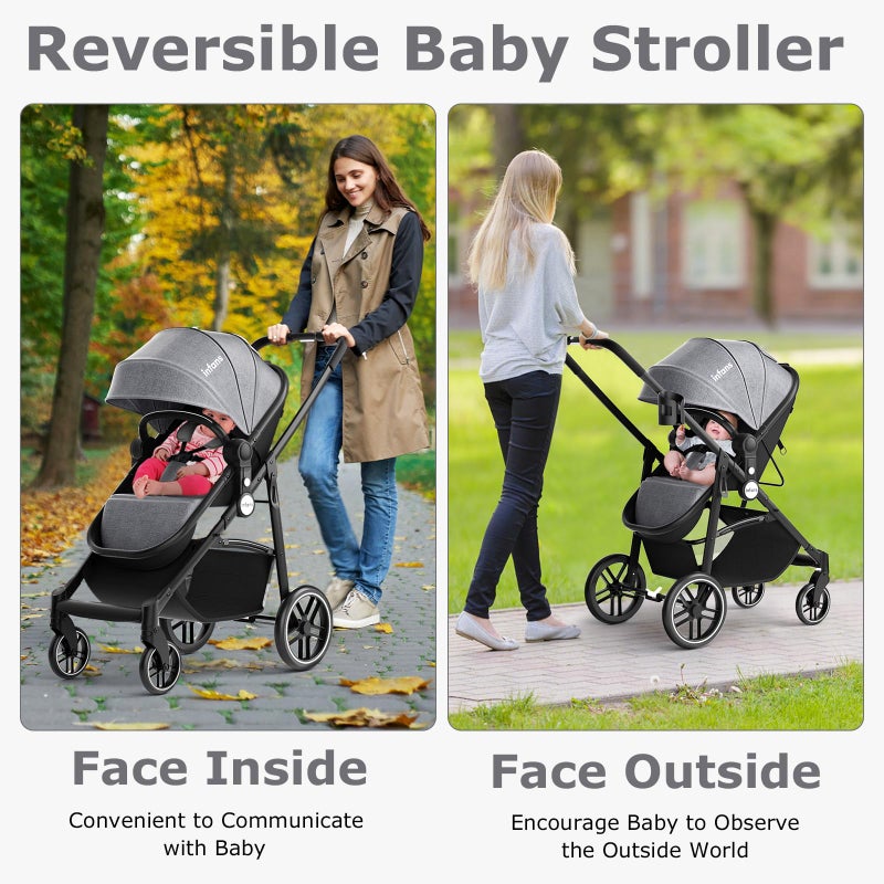 INFANS 2 in 1 Baby Stroller, High Landscape Infant Stroller & Reversible Bassinet Pram, Foldable Pushchair with Adjustable Canopy, Cup Holder, Storage Basket, Suspension Wheels (Grey) - Image 2