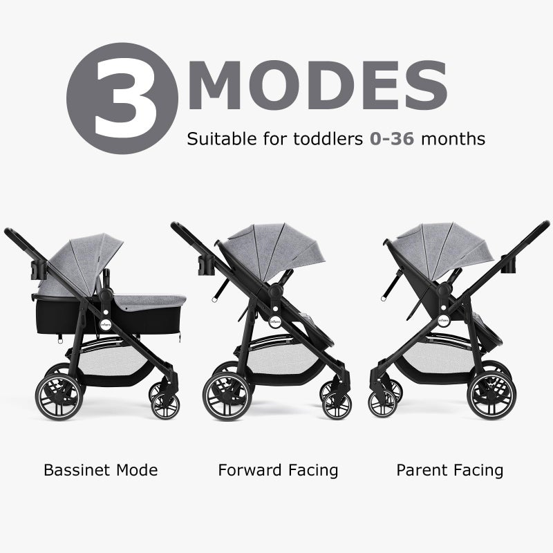 INFANS 2 in 1 Baby Stroller, High Landscape Infant Stroller & Reversible Bassinet Pram, Foldable Pushchair with Adjustable Canopy, Cup Holder, Storage Basket, Suspension Wheels (Grey) - Image 3