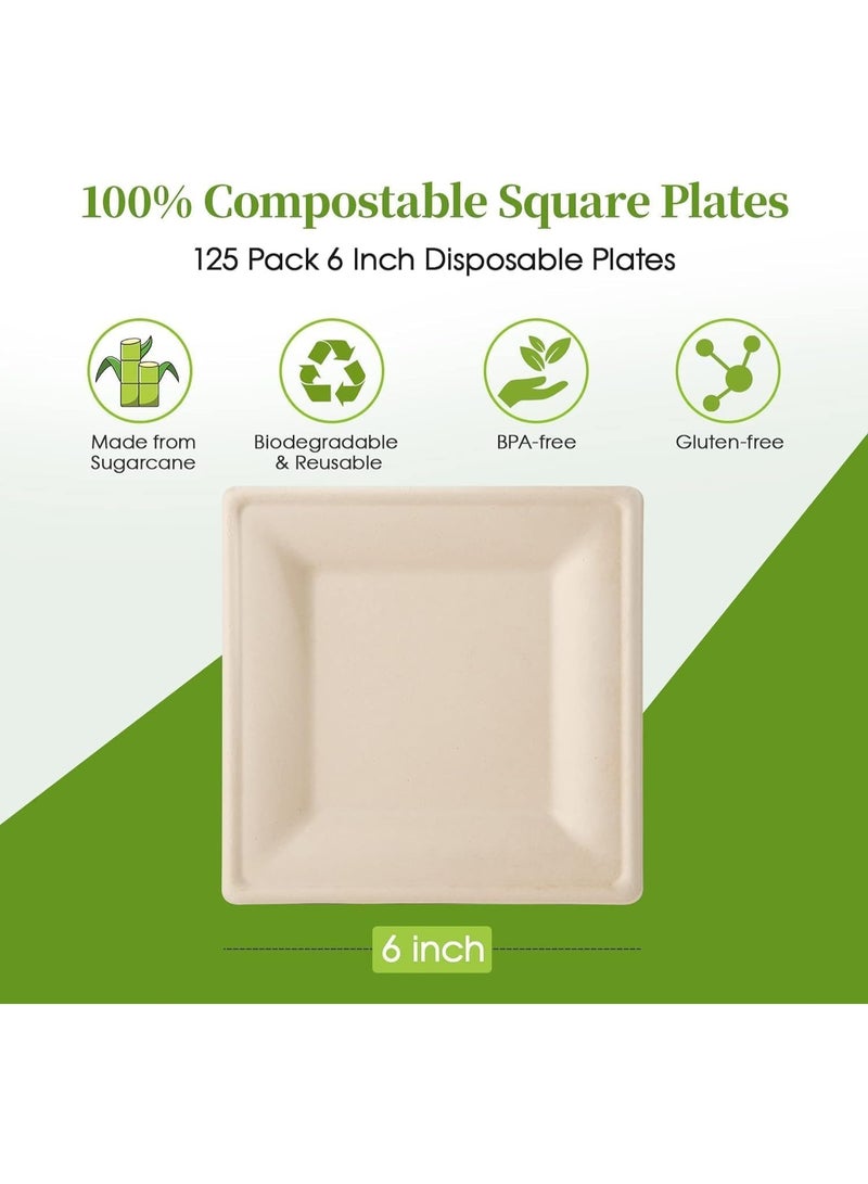 125 Pack Compostable Square Plates, 6 inch Disposable Paper Plates, Eco-friendly Heavy Duty Biodegradable Sugarcane Plates - Image 2