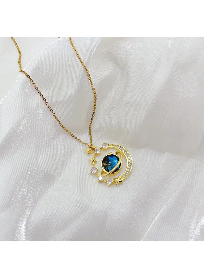 Enchanting Gold Tone Star and Moon Pendant Necklace with Blue Gemstone, Gold Plated Titanium Steel, Rhinestone Accents, Celestial Crescent Moon Design, Elegant and Mystical Style, Ideal for Evening Parties, Special Occasions, or Gifting, Exquisite Fashion Jewelry for Women