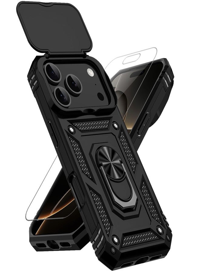 PUSHIMEI for iPhone 17 Pro Case, with Slide Camera Cover HD Screen Protector [Military Grade 16ft. Drop Tested] Ring Holder Kickstand Protective Phone Case for Apple iPhone 17 Pro, Black - Image 1