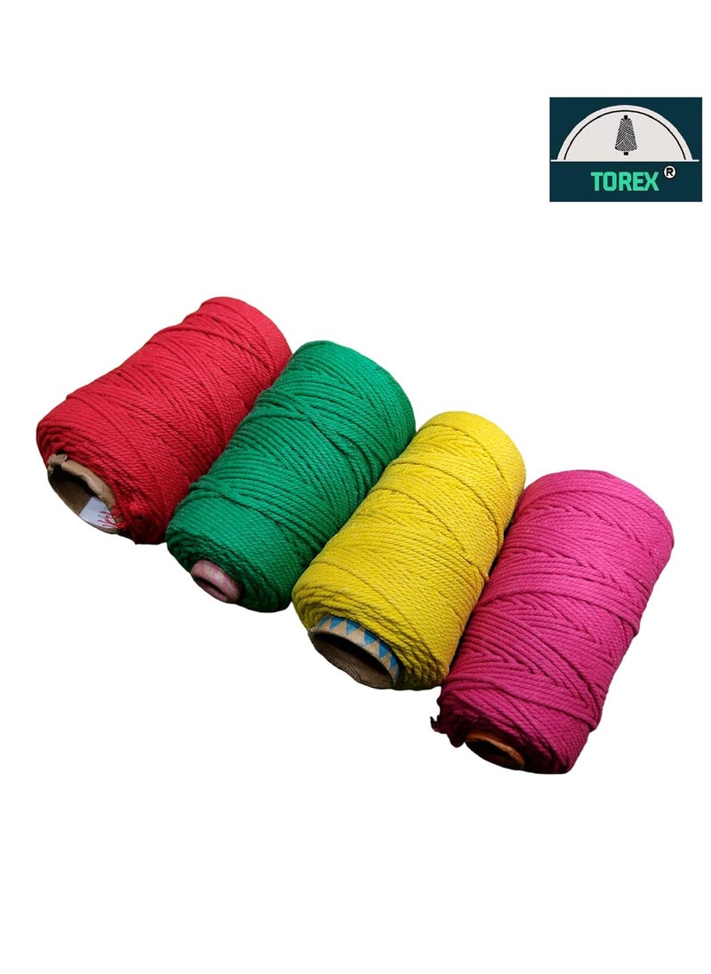 Torex TOREX | 3 Ply Twisted Macrame Thread 3mm Combo (Each Color 150 Meter),Cotton Rope Dori for Craft Thread for Macrame DIY and Other Projects-4 in 1 KIT RED, Yellow, Green, Magenta  - Image 2