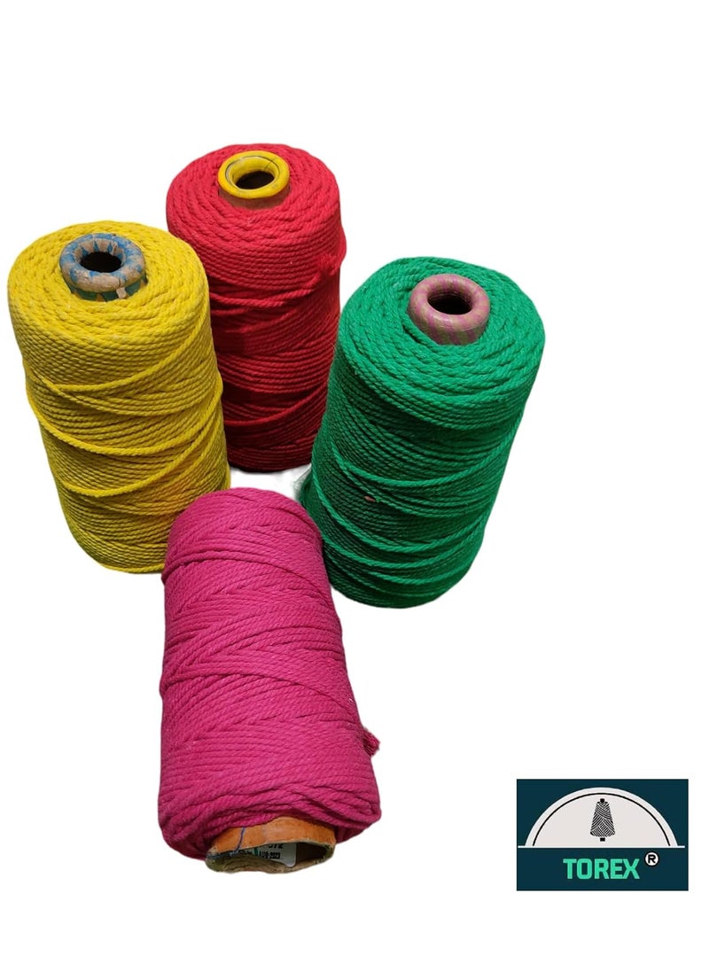 Torex TOREX | 3 Ply Twisted Macrame Thread 3mm Combo (Each Color 150 Meter),Cotton Rope Dori for Craft Thread for Macrame DIY and Other Projects-4 in 1 KIT RED, Yellow, Green, Magenta  - Image 3