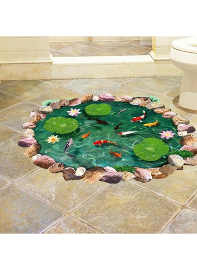 BIBITIME - 3D Floor Stickers 22.83 X 34.84 Stone Pool Lotus Flower Carp Fishes Wall Decal For Kitchen Bathroom Tile Sticker Living Room Bedroom Kids Room Decor Art Mural Peel And Stick - Image 1
