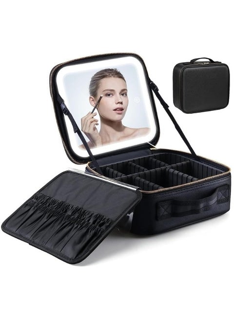 Makeup Bag with LED Lighted Mirror and Detachable Cosmetic Bag Organizer with Adjustable Dividers 25X25Cm (Black)