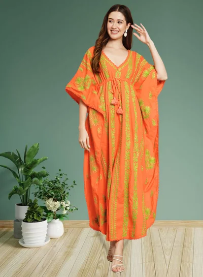 Alaya Hand Embroidered Chikankari Cotton Kaftan Orange&Green-AL2480