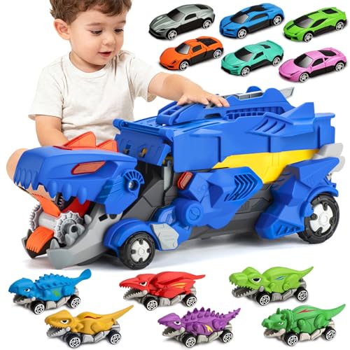 VROGTIK Dinosaur Toys Car for Kids 38 Year Old Boy Gift Toddler Toys for 3 4 5 6 Years Old Boys Girls Transport Dino Truck with 12 mini Cars City Map Birthday for Kids - Image 1