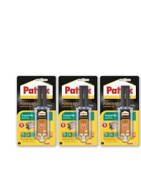 Pattex Power Epoxy Universal Syringe | With Convenient Instant Mix Syringe | Water & Temperature Resistant | Compatible with Metal, Ceramic, Glass & Wood | Indoor & Outdoor Use | 11ml (Pack of 3)