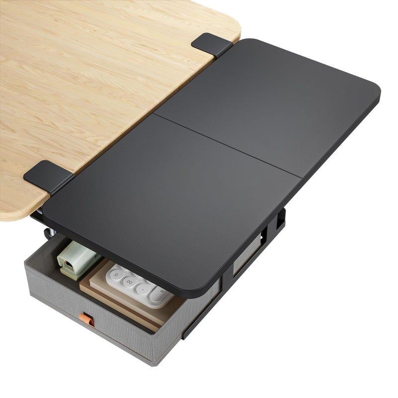 PEGZONE صينية تمديد مكتب PEGZONE، رف مكتب يُثبّت بمشبك، مقاس 24 × 12 بوصة، رف تمديد مكتب مع درج تخزين، مسند ذراع للطاولة، صينية لوحة مفاتيح تُثبّت بمشبك للمكتب والمنزل، منظم محطة عمل، متوسط، أسود - Image 1