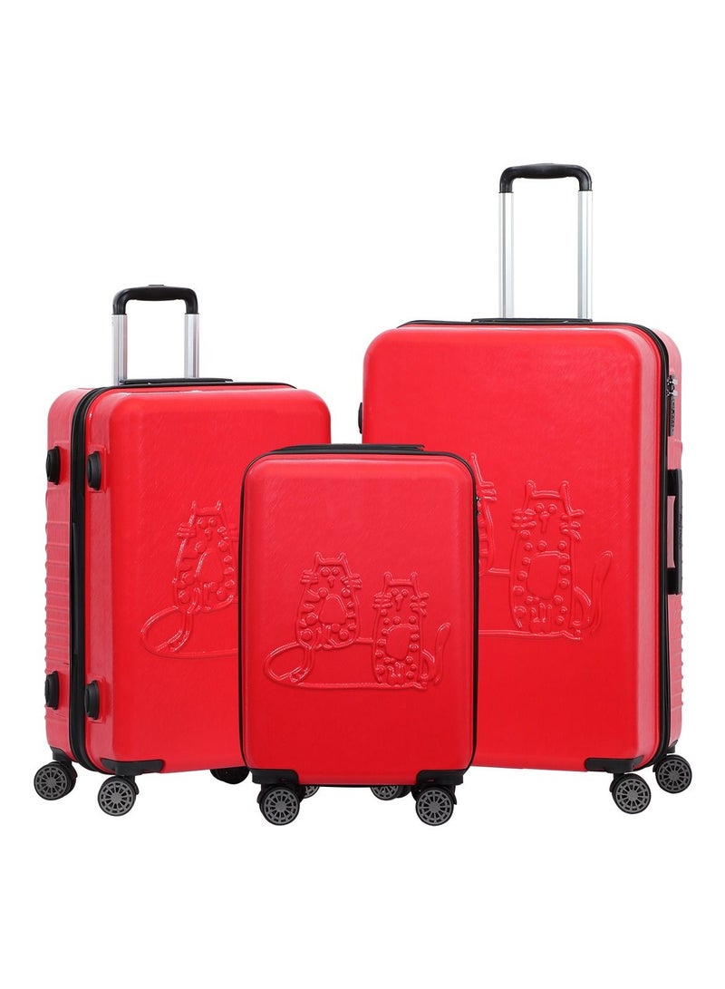 بيج ديزاين مجموعة حقائب سفر صلبة Biggdesign Cats، حقائب 100% ABS بقشرة صلبة مع عجلات دوارة 360°، حقيبة سفر، نظام قفل TSA، خفيفة الوزن، 3 قطع، سعة تحميل 20 - 30 - 45 كجم، لون أحمر. - Image 1