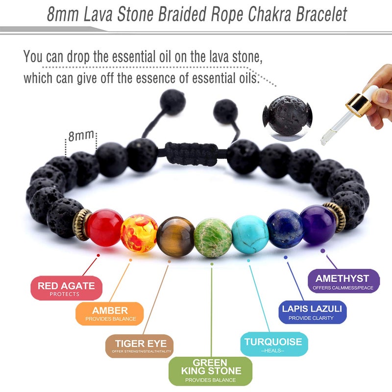 Hamoery Men Women 8mm Lava Rock Beads Chakra Bracelet Braided Rope Natural Stone Yoga Bracelet Bangle(Lava Chakra) - Image 2