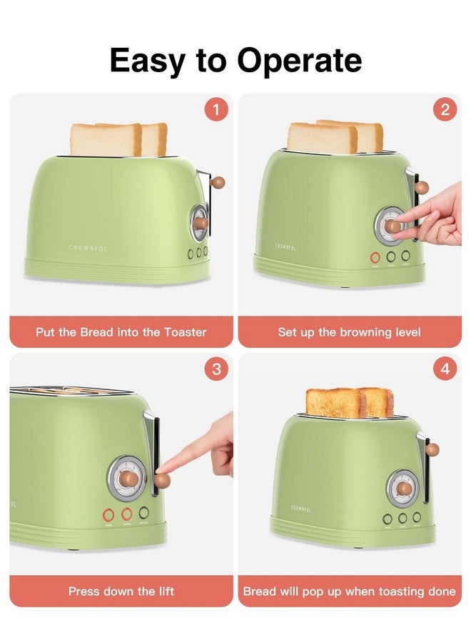 CROWNFUL 2-Slice Toaster, Extra Wide Slots Toaster, Retro Stainless Steel with Bagel, Cancel, Defrost, Reheat Function and 6-Shade Settings, Removal Crumb Tray, Green - Image 5