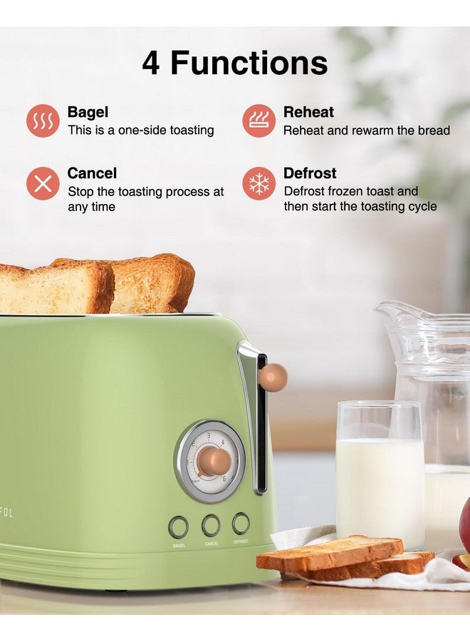 CROWNFUL 2-Slice Toaster, Extra Wide Slots Toaster, Retro Stainless Steel with Bagel, Cancel, Defrost, Reheat Function and 6-Shade Settings, Removal Crumb Tray, Green - Image 2