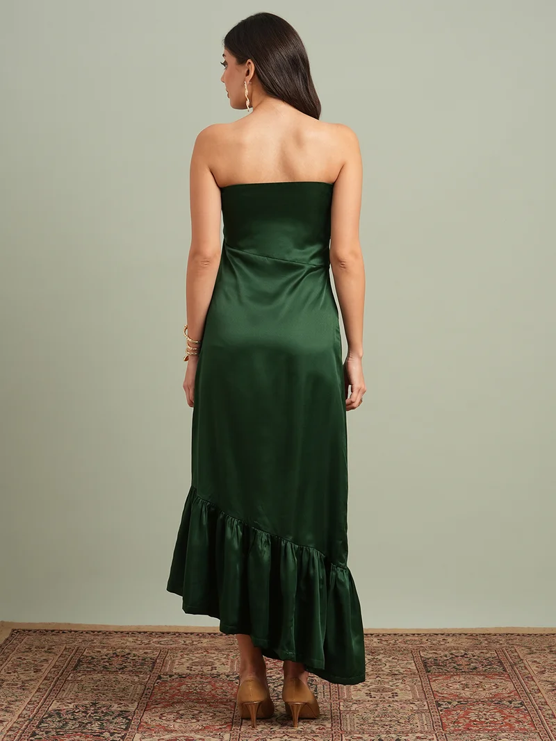 globus Women Green Off-Shoulder Solid Pleated & Ruffle Detail Satin A-Line Maxi Party Dress