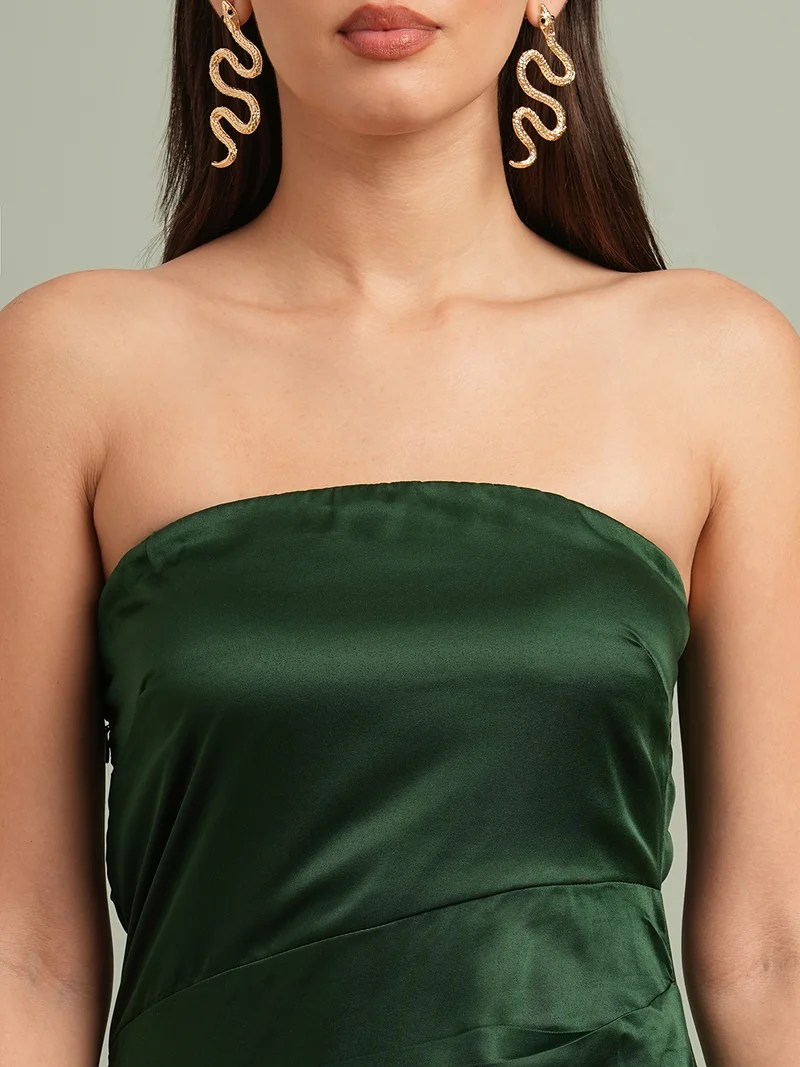 globus Women Green Off-Shoulder Solid Pleated & Ruffle Detail Satin A-Line Maxi Party Dress