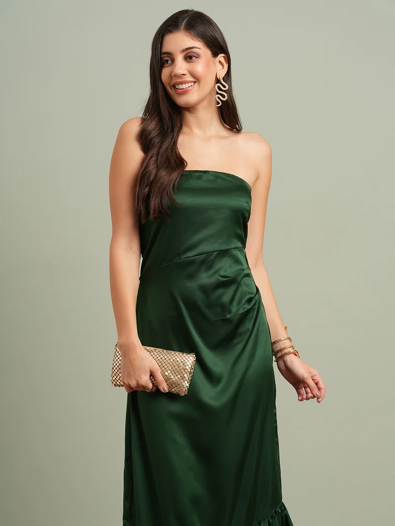 globus Women Green Off-Shoulder Solid Pleated & Ruffle Detail Satin A-Line Maxi Party Dress