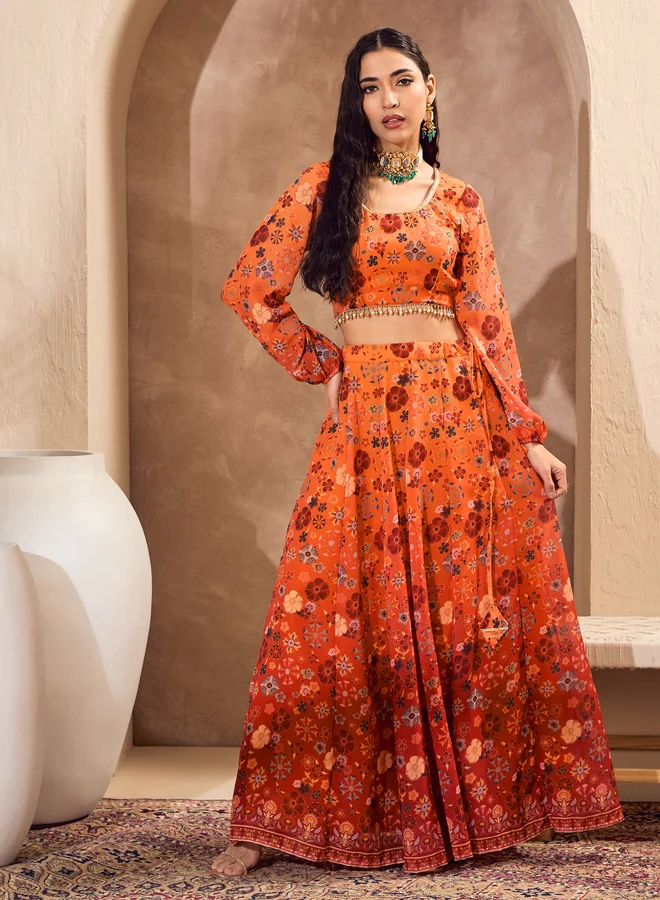 SASSAFRAS Sassafras Printed Long Sleeve Crop Top with Anarkali Skirt Co-Ords