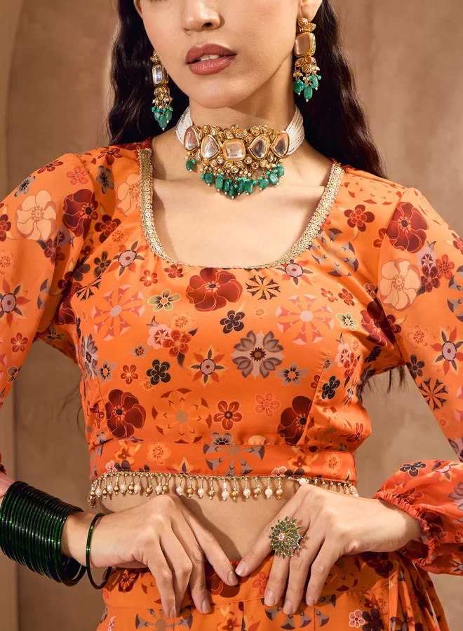 SASSAFRAS Printed Long Sleeve Crop Top with Anarkali Skirt Co-Ords