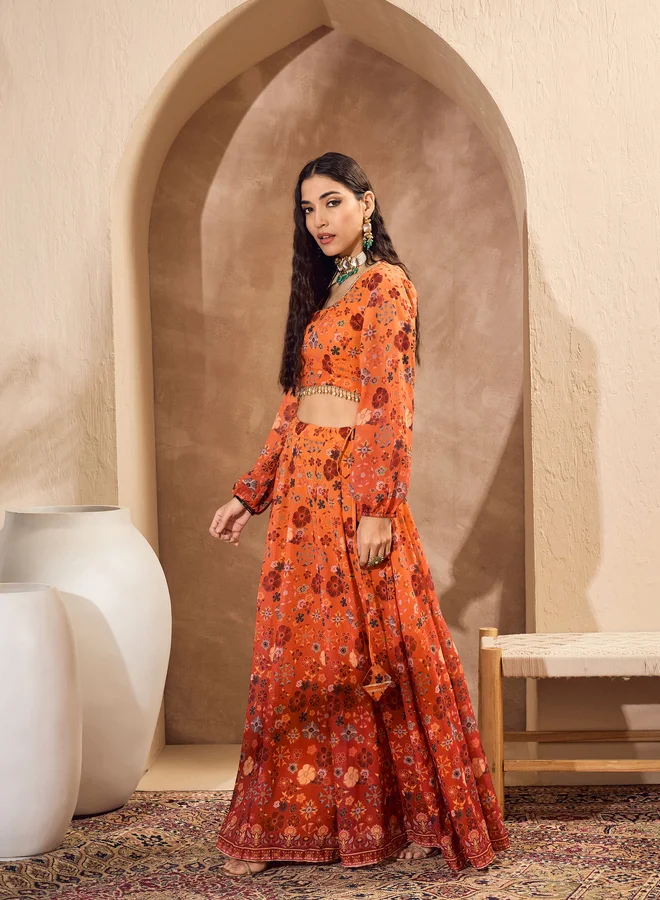 SASSAFRAS Printed Long Sleeve Crop Top with Anarkali Skirt Co-Ords