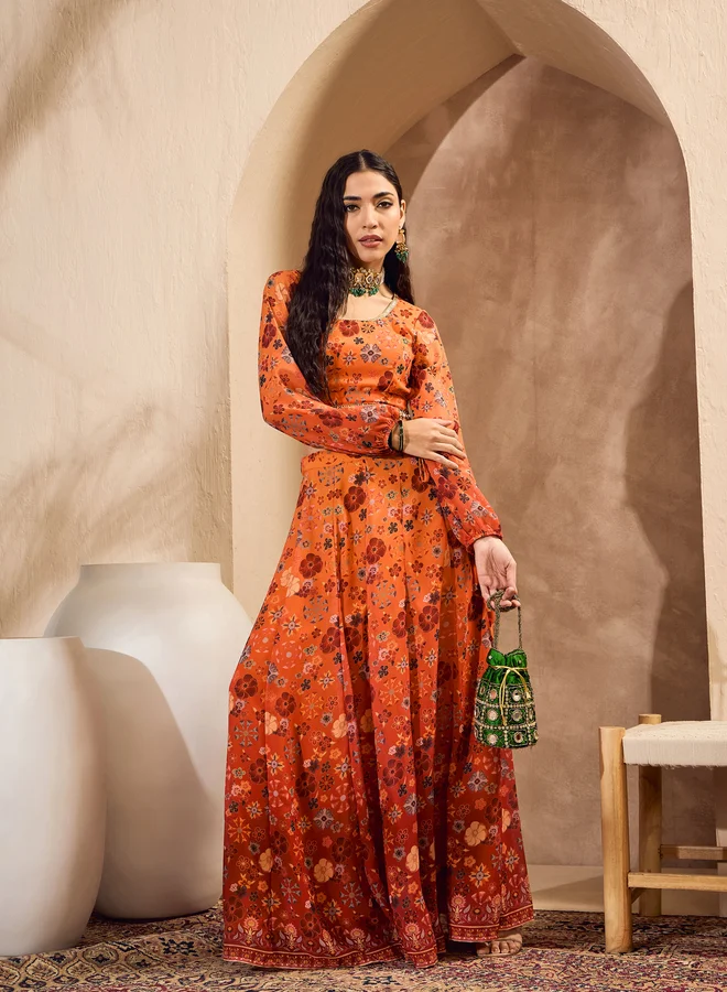 SASSAFRAS Sassafras Printed Long Sleeve Crop Top with Anarkali Skirt Co-Ords