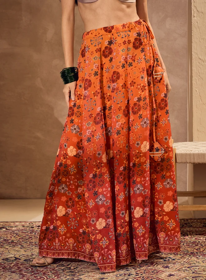SASSAFRAS Printed Long Sleeve Crop Top with Anarkali Skirt Co-Ords