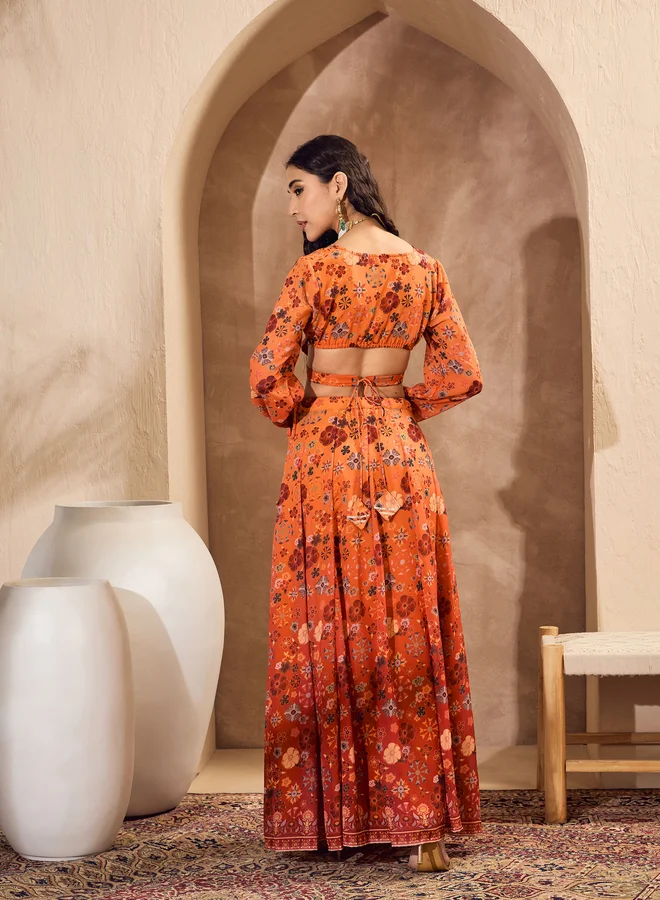 SASSAFRAS Printed Long Sleeve Crop Top with Anarkali Skirt Co-Ords