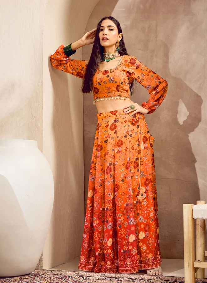 SASSAFRAS Printed Long Sleeve Crop Top with Anarkali Skirt Co-Ords