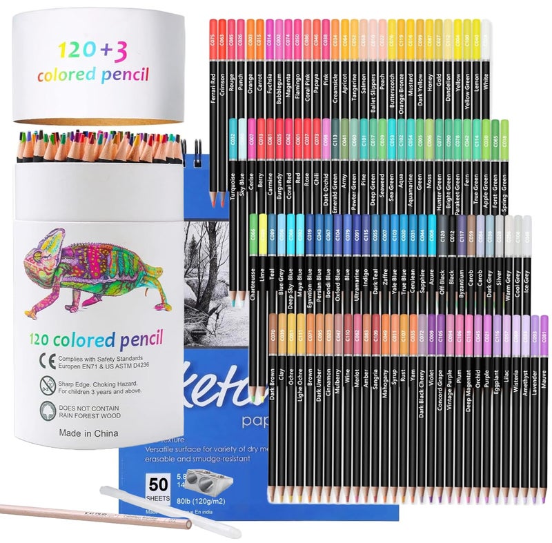 Corslet Corslet Premium Colour Pencils Set of 120 A5 Sketch Book 50 Sheets Pencil Colours Artists Soft Core Vibrant Color Pencil Set for Drawing Sketching Shading Coloring Pencils for Adult Beginners Kids