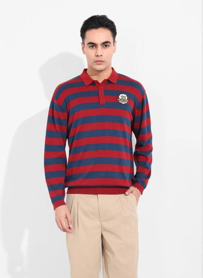 The Indian Garage Co Men Oversized Fit Striped Polo Neck Full Sleeves T-Shirt