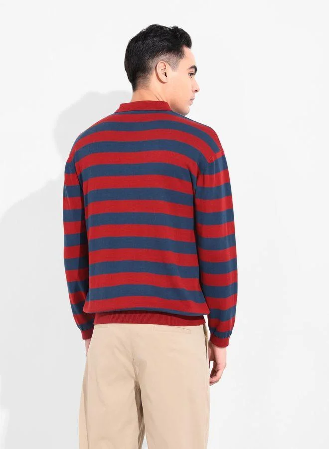 The Indian Garage Co Men Oversized Fit Striped Polo Neck Full Sleeves T-Shirt