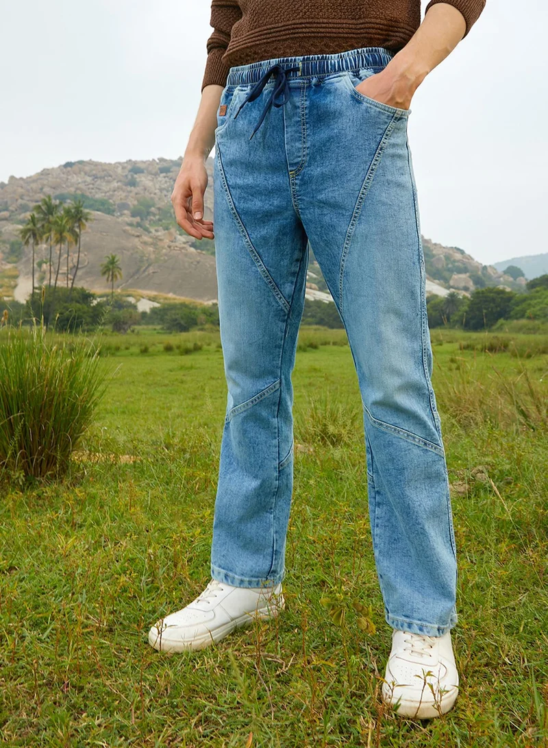 Men's Light Blue Straight-Fit Patchwork Denim Jeans