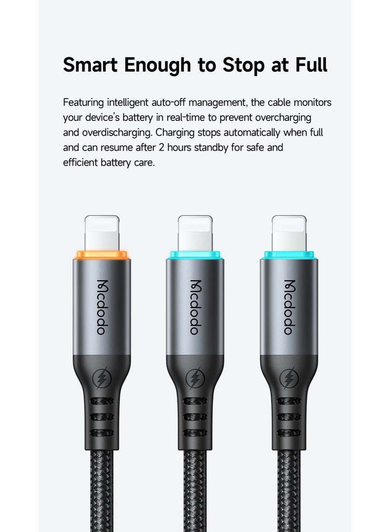 Mcdodo Auto Power Off iPhone USB-C to Lightning Cable 36W 1.2m – PD Fast Charging Data Sync Cable for iPhone 14 13 12 11, iPad, AirPods – Black - Image 3