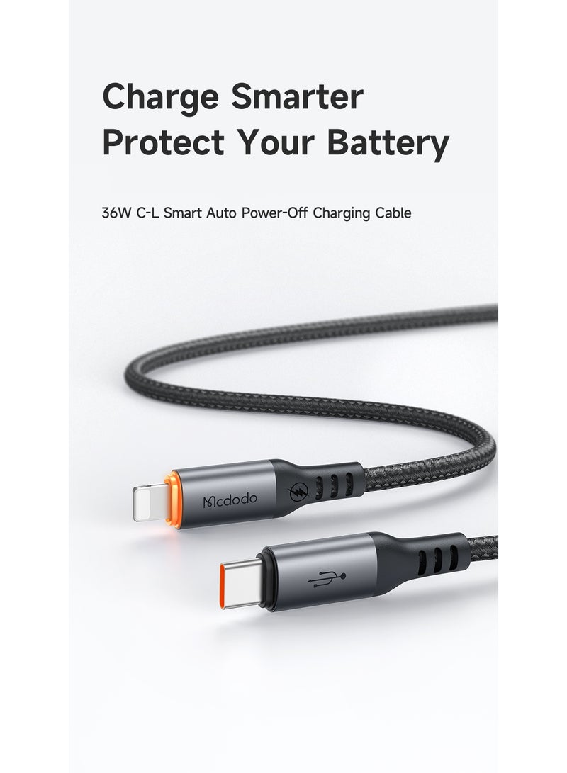 Mcdodo Auto Power Off iPhone USB-C to Lightning Cable 36W 1.2m – PD Fast Charging Data Sync Cable for iPhone 14 13 12 11, iPad, AirPods – Black - Image 2