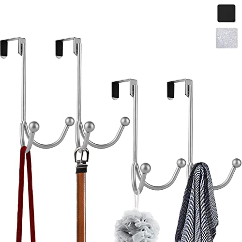 HFHOME 4Packs Over The Door Double Hanger Hooks, Metal Twin Hooks Organizer for Hanging Coats, Hats, Robes, Towels- Silver - Image 1