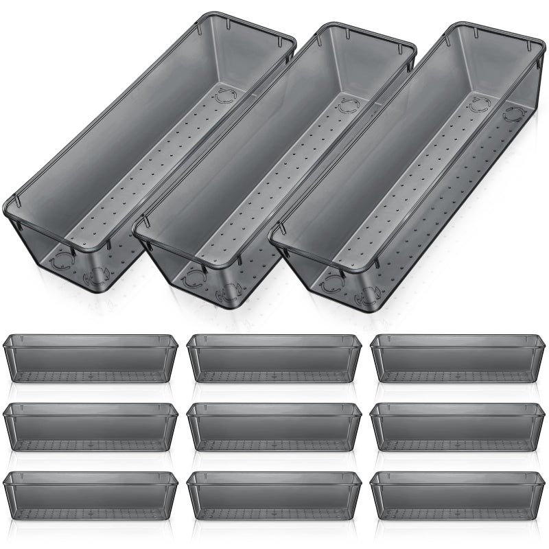 Maitys 12 Pcs Clear Drawer Organizer 9 x 3 x 2 Inches Plastic Rectangle Trays Makeup Vanity Storage Bins and Kitchen Drawers Dividers for Office Desk Silverware Kitchen UtensilsBlack - Image 2