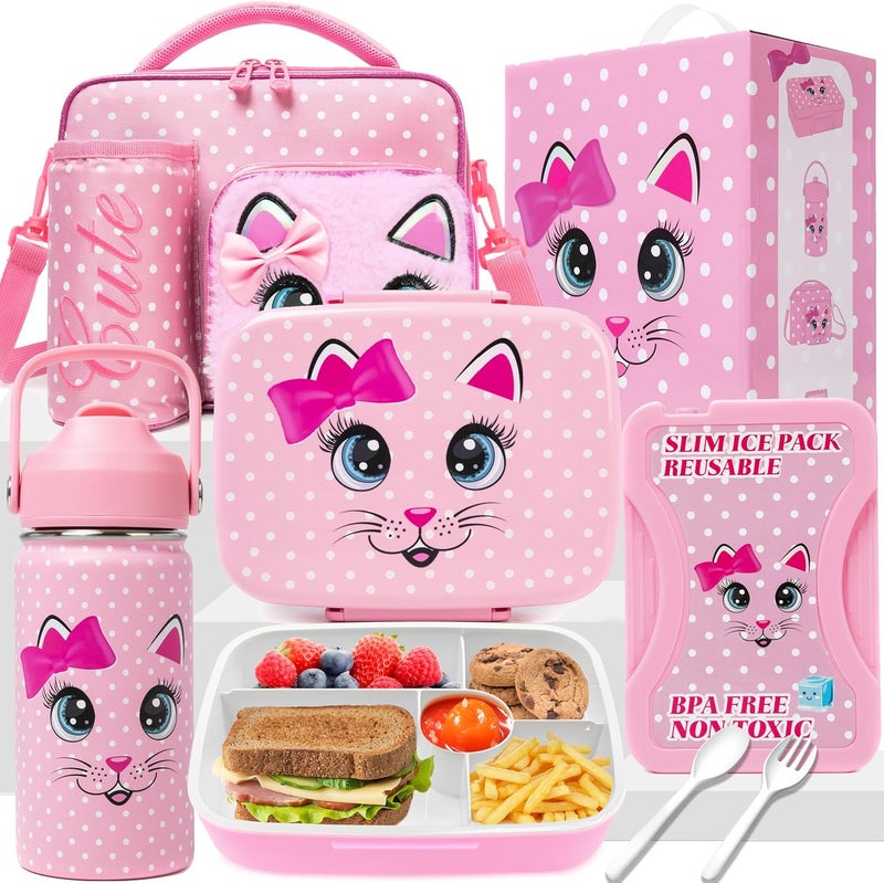 Oruiji Bento Box for Kids with Ice Pack Lunch Box for Girls 5-12 for School with Lunch Bag Set Cute Kids Lunch Box Containers with Stainless Steel Water Bottle for Pre-School Girls Toddler Daycare - Image 1