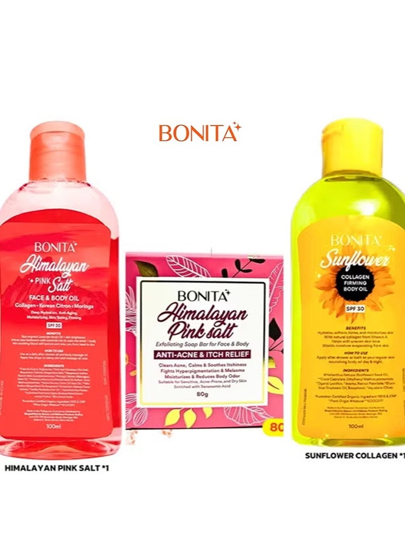 بونيتا مجموعة من زيت ملح الهيمالايا الوردي 100 مل & صابون ملح الهيمالايا الوردي 80 جرام & وزيت كولاجين دوار الشمس للوجه والجسم 100 مل - Image 1