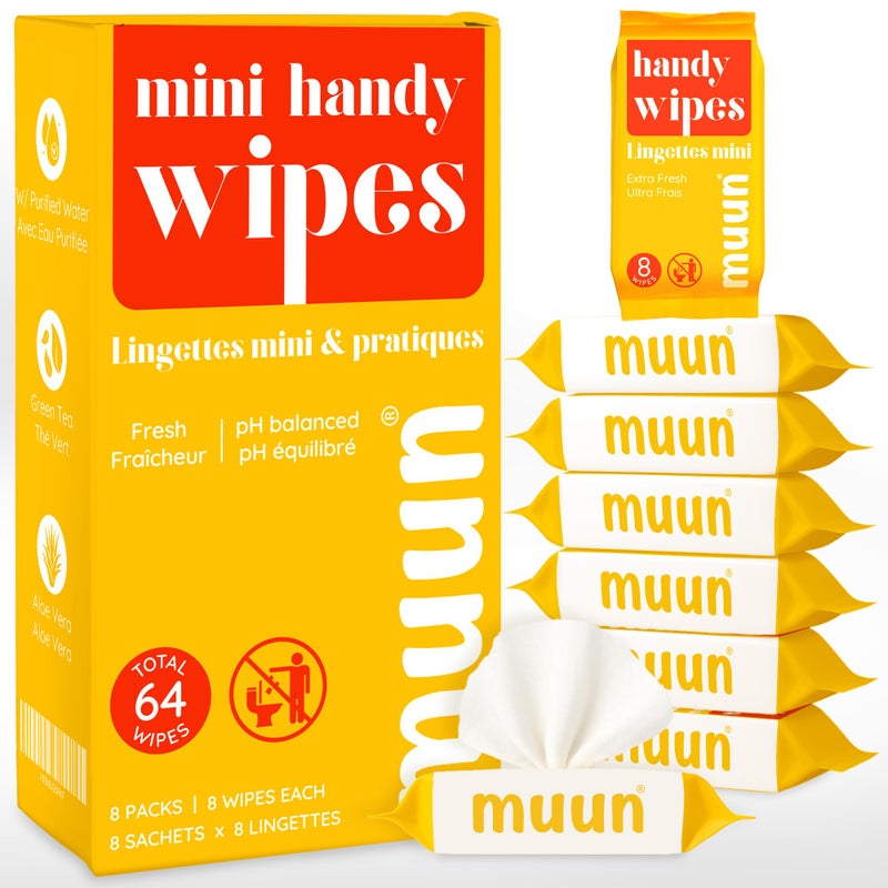 Muun Mini Travel Wipes (8 packs, 8 wipes each) - Compact Wet Wipes for Hands and Face, Green Tea Scent, On The Go Wipes for Camping & Travel, Skin-Friendly for Adults, Total 64 Ct. - Image 1