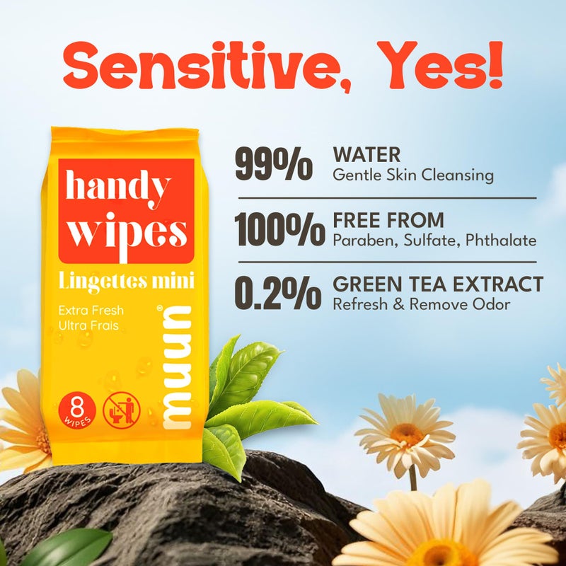 Muun Mini Travel Wipes (8 packs, 8 wipes each) - Compact Wet Wipes for Hands and Face, Green Tea Scent, On The Go Wipes for Camping & Travel, Skin-Friendly for Adults, Total 64 Ct. - Image 4