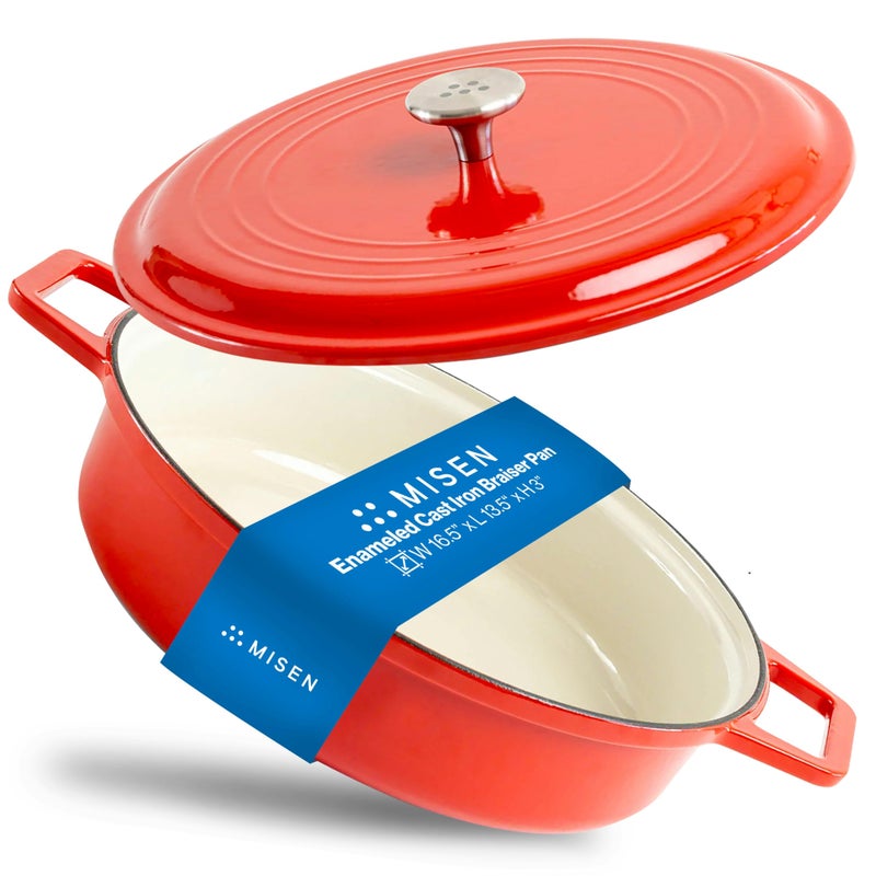 Misen Misen 55 QT Braiser  Enameled Cast Iron Pan for Searing Braising  Slow Cooking  NoChip Enamel Coating  ExtraWide Handles  Superior Heat Retention  Even Cooking  Red