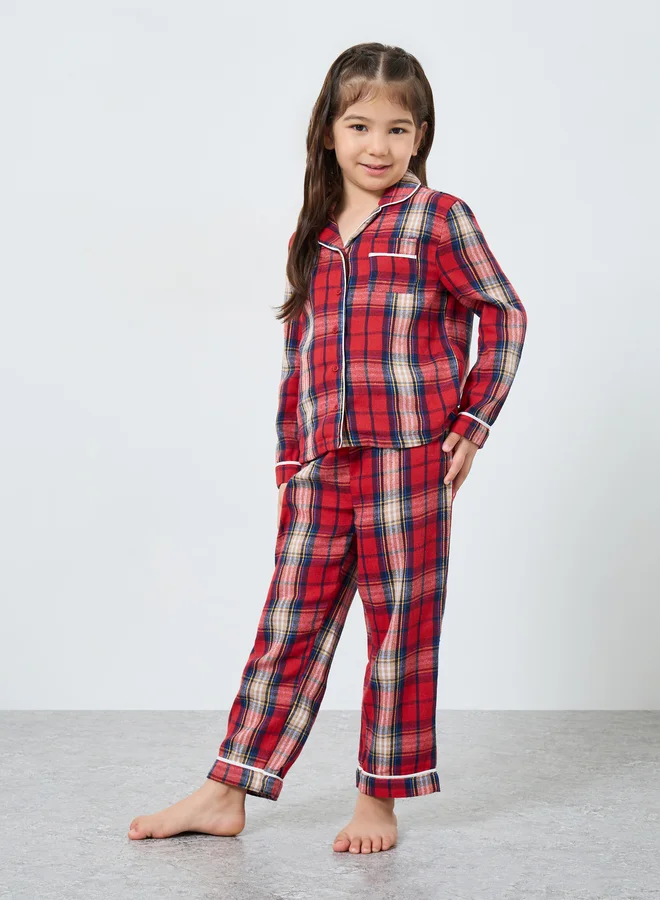 Styli Styli Family Pyjamas - Kids Check Pocket Piped Shirt and Pyjama Set