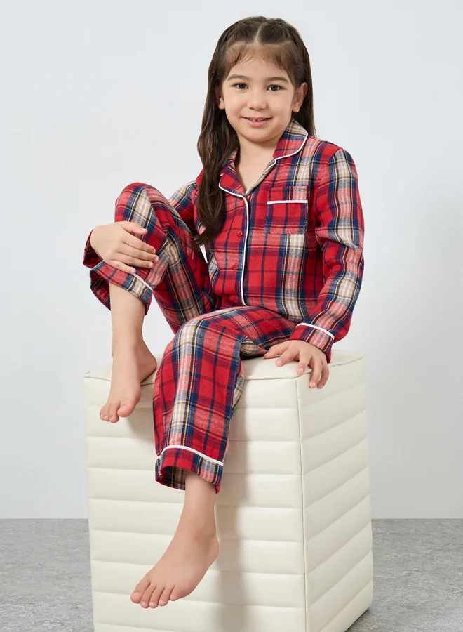 Styli Styli Family Pyjamas - Kids Check Pocket Piped Shirt and Pyjama Set