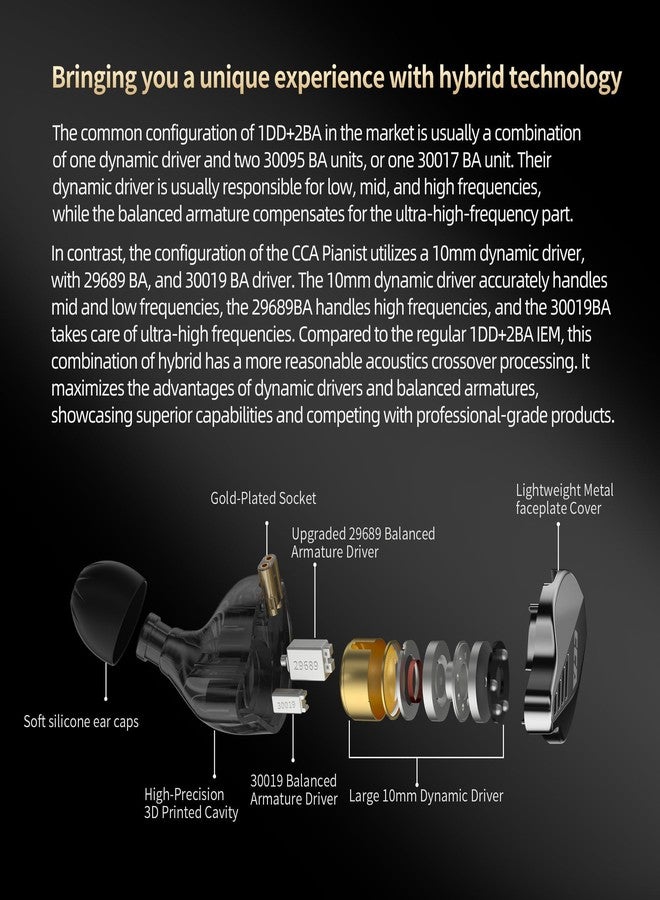 سي سي أيه سماعات أذن داخلية للعازفين من CCA، مزودة بمحركات صوتية هجينة ثلاثية (2BA+1DD)، توفر صوت جهير عالي الدقة وعزلًا للضوضاء، وصوت ستيريو واضح، وسماعات مريحة لمهندسي الصوت والموسيقيين (مع ميكروفون). - Image 5