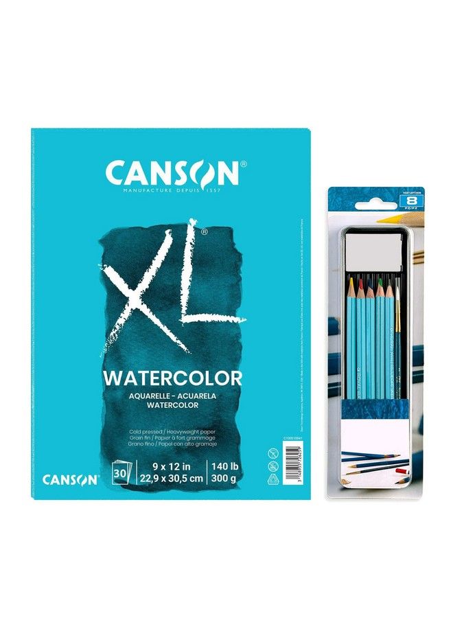 Positive Art Canson Watercolor Paper Sketch Book 9"X12" Cold Press 140 Lb Art Paper 30 Sheets Textured Paper For Drawing And Painting Ideal For Beginners Artists & Professionals With Drawing Set - Image 1