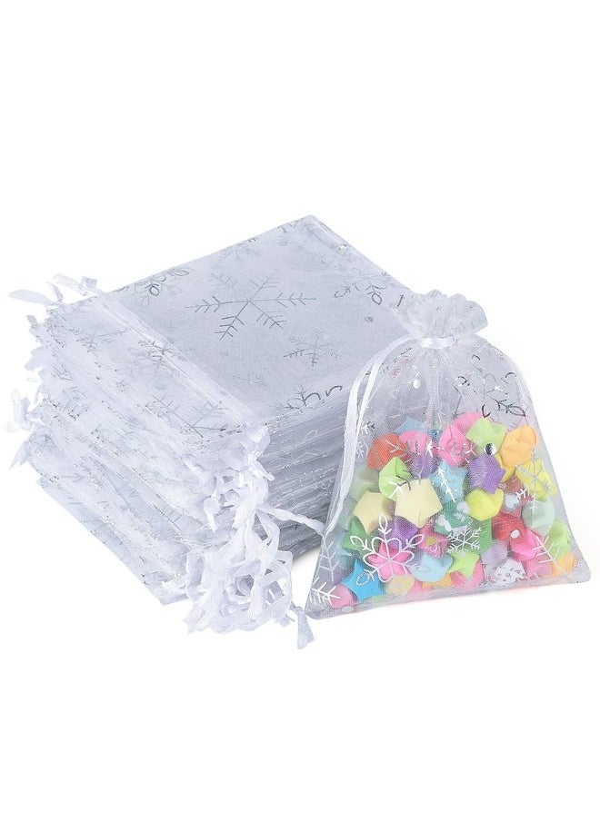 jijAcraft 50Pcs White Christmas Organza Bags - 3X4 Inch Small Snowflake Bags For Christmas, Xmas Favor Bags With Drawstring - Sheer Organza Bags For Christmas, Winter Party Gift, Jewelry Bags  - Image 1