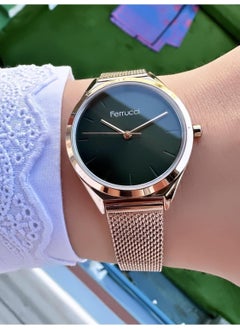 Ferrucci Women's Emerald Gold Mesh Strap Thin Frame Stylish Quartz Wristwatch - Metal Case, Round Dial  - Image 2