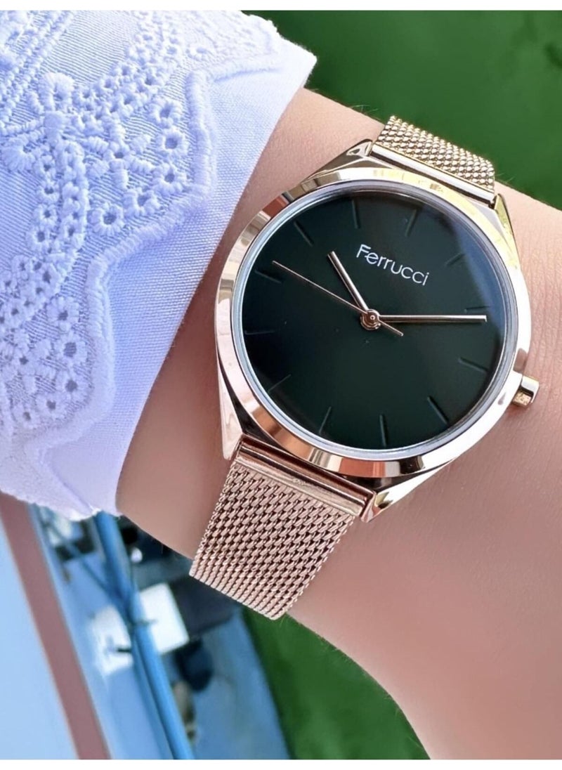 Ferrucci - Women's Emerald Gold Mesh Strap Thin Frame Stylish Quartz Wristwatch - Metal Case, Round Dial - Image 1