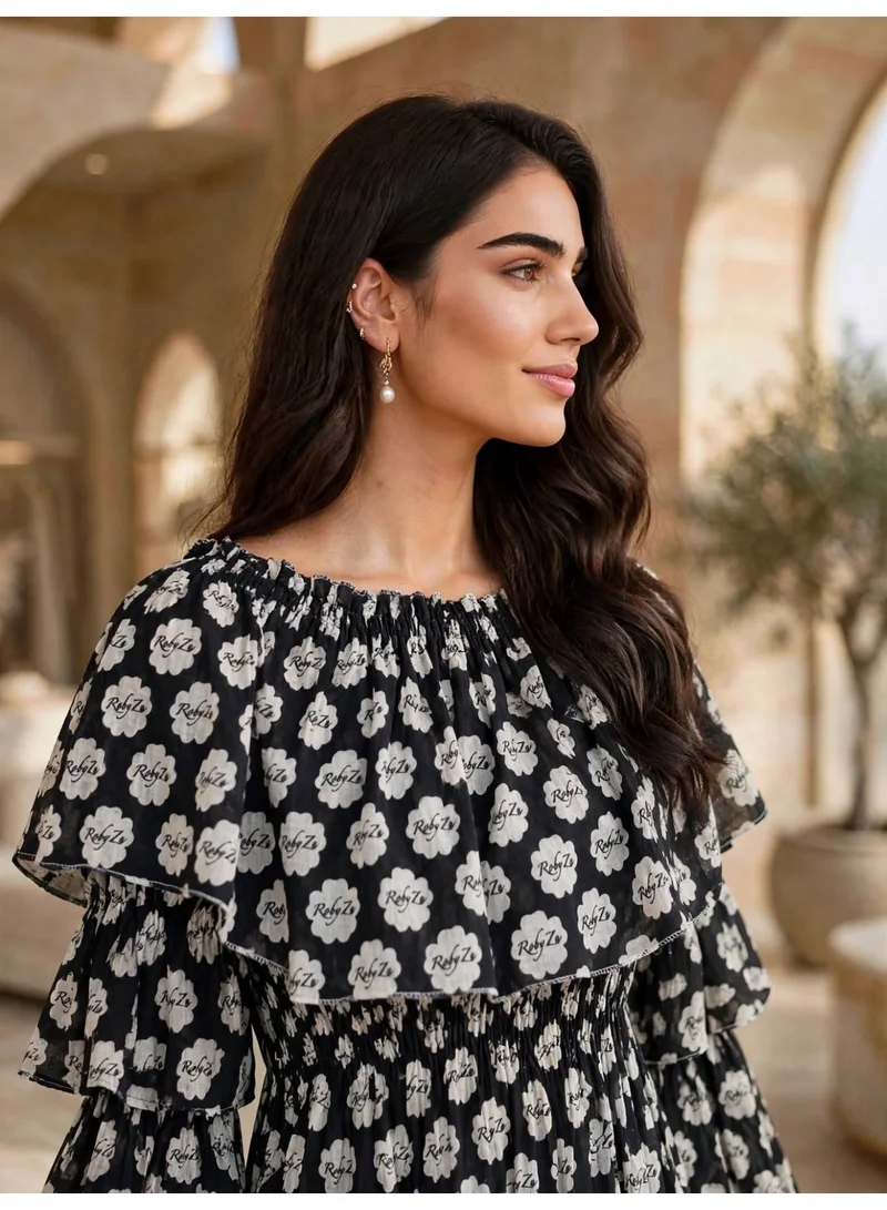 اكسا Premium Boho Floral Printed Ruffle Tiered Maxi Dress