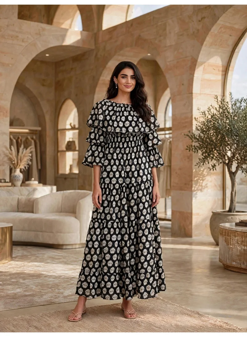 اكسا Premium Boho Floral Printed Ruffle Tiered Maxi Dress