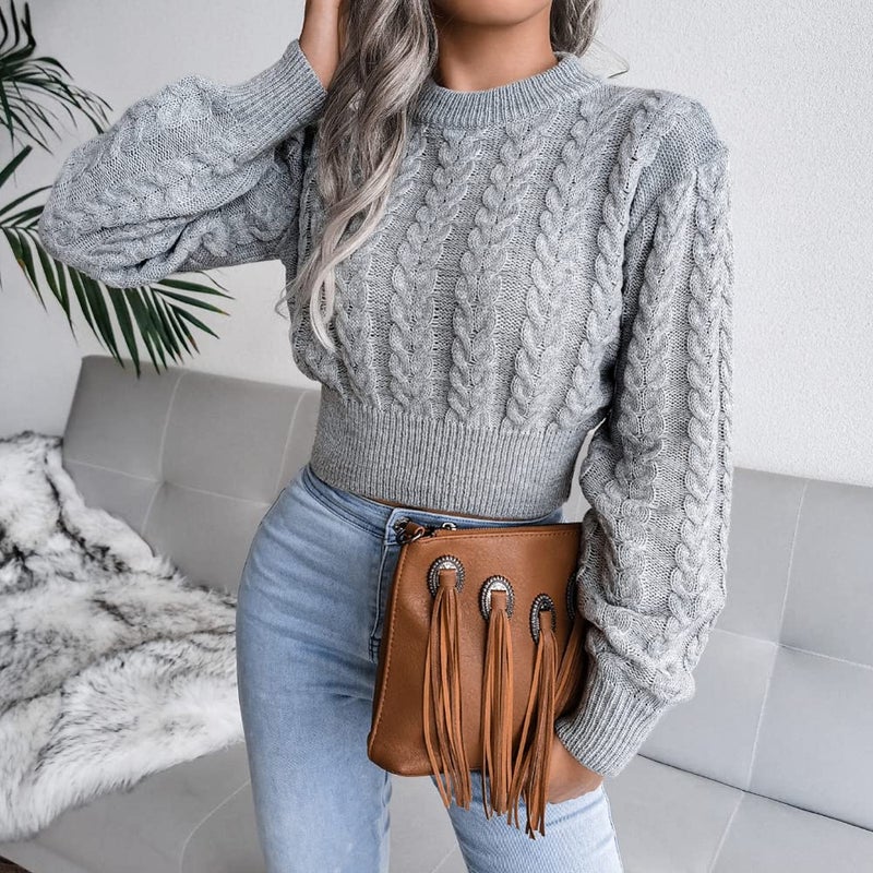JUNBOON Women's Crewneck Long Sleeve Crop Sweater Twist Knitting Pullover Jumper Top - Image 4